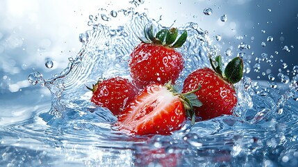   Three strawberries splash into the water with their tops attached to the top of the strawberries, while their bottoms rest at the bottom of the water