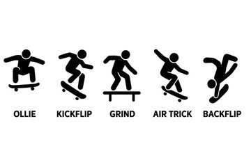 Set of black silhouette icons showing popular skateboard tricks: ollie, kickflip, grind, air trick, and backflip. Flat design, isolated on transparent background, ideal for extreme sports content