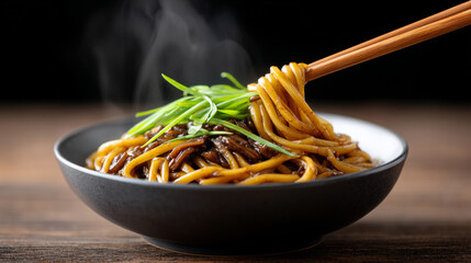 Jajangmyeon black bean noodles being lifted with chopsticks in traditional korean cuisine
