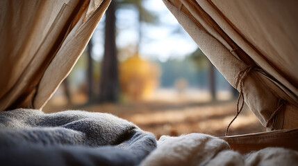 Cozy tent interior overlooking tranquil autumn forest with soft blankets