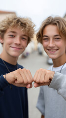 Teen boys performing synchronized handshake gesture in casual outdoor setting