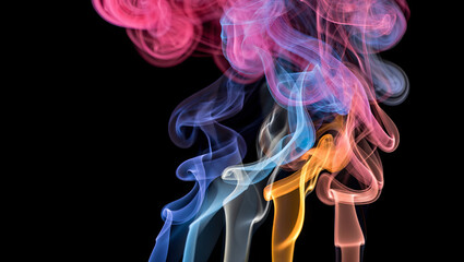 Fototapeta premium Delicate swirls of vibrant smoke in shades of pink, blue, and yellow intertwine gracefully, forming an abstract artwork in a dark setting. The colors create a captivating contrast