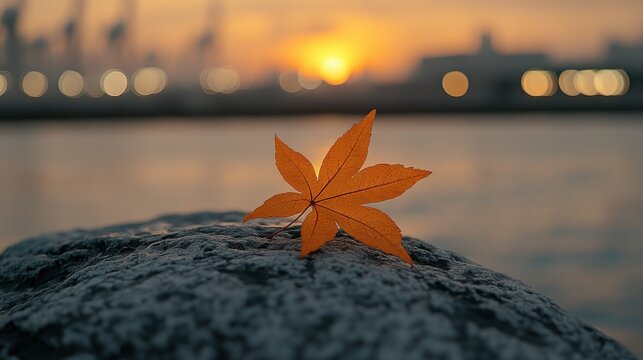 Autumnal leaf on rock at sunset - Powered by Adobe