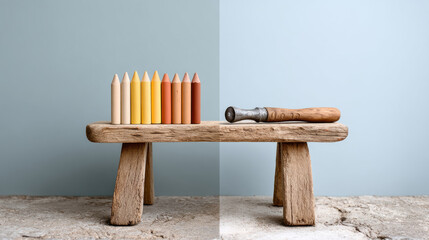 Contrasting worlds: school desk with colorful pencils and factory bench with tool