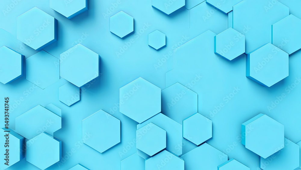 Poster hexagonal structures are arranged artistically across a bright blue backdrop, creating an abstract a