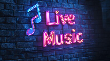Obraz premium Neon sign proclaiming live music against a brick wall.