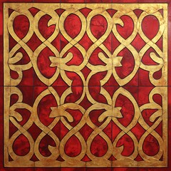 Intricate, symmetrical pattern of gold on crimson background.