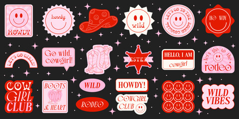 Set of Cowgirl Stickers. Vector Design Elements. Collection of Rodeo. Wild West, Western Themed, Y2K.