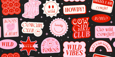 Cowgirl Stickers Seamless Pattern Background. Vector Design Elements. Wild West, Western Themed, Y2K.