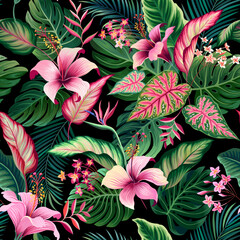 seamless floral pattern with tropical leaves and flowers on black.eps