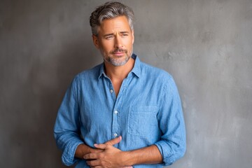 Man clutches abdomen blue shirt pained expression