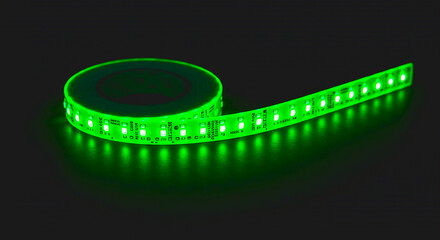 A close up of a coiled green led strip light on a dark surface with a slight glow effect around it