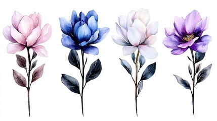   A line of watercolor flowers on a white background