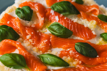 Omelette Poulard. Omelette of Mother Poulard. French omelette with whipped egg whites, lightly salted trout and basil. Beautiful, healthy and tasty breakfast. Copyspace