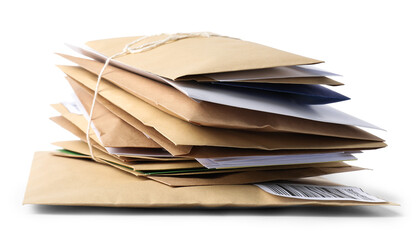 Stack of different paper envelopes isolated on white. Post office