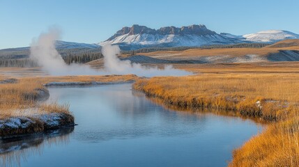 Fototapeta premium Autumnal stream, steam rising, mountains