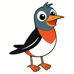 Cheerful cartoon robin with a bright orange breast stands against a white background