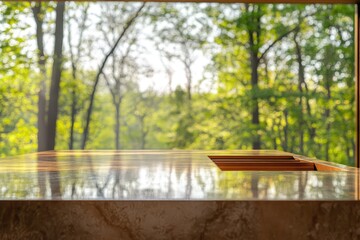 Obraz premium A sleek kitchen countertop overlooks a lush, vibrant green forest through a large window.