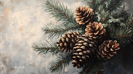Decorative pine cones and branches on a textured background.