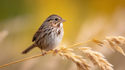 Sparrow perched on dried grass stem in peaceful native meadow