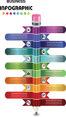 Colorful vertical infographic with pencil design and icon-labeled ribbons, ideal for business presentations, data visualization, and modern project or strategy templates.
