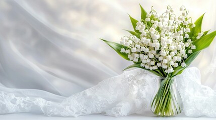   A white vase holding white flowers rests atop a white cloth-covered tablecloth, placed on a white table