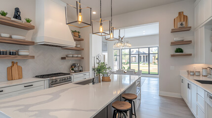 A contemporary kitchen with marble countertops, open shelving, and chic pendant lighting. Ideal for home improvement websites, kitchen remodeling ads, and real estate listings.