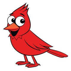 Cheerful red cardinal cartoon character happily stands with a smile against a plain background