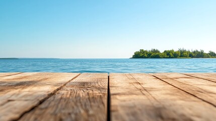 Fototapeta premium A rustic wooden table sits on a coastal deck, with a clear blue sky and calm ocean waters forming a tranquil backdrop for a relaxing vacation setting