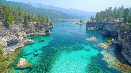 Obraz premium Azure lake, rocky shores, pine forest