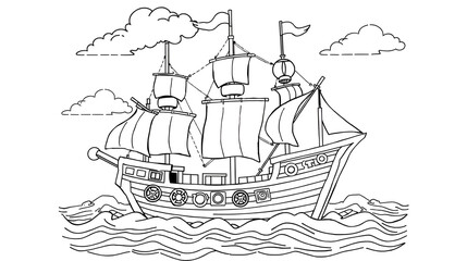 Pirate Ship Coloring Page Colored Illustration