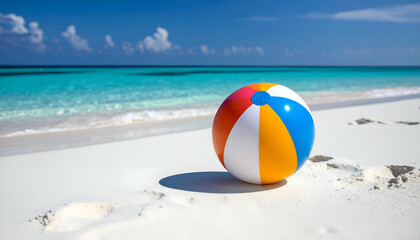 Beach Ball on Pristine White Sand, Turquoise Ocean, Summer Vacation Paradise