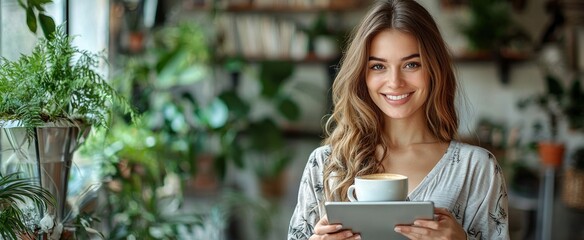 A smiling woman enjoys a coffee and uses a tablet in a plant-filled cafe