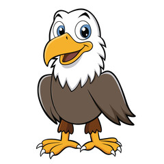 Friendly cartoon eagle stands, showcasing brown body and vibrant yellow beak, with transparent background