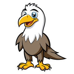 The cute cartoon eagle with white head and yellow beak stands happily