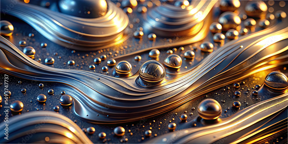 Poster metallic spheres rest on a textured surface with flowing lines, reflecting warm light. the intricate
