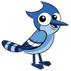 Cartoon blue jay with a striped tail stands happily looking to the side