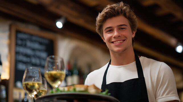 A cheerful waiter serving tapas and txakoli wine at a cozy tavern