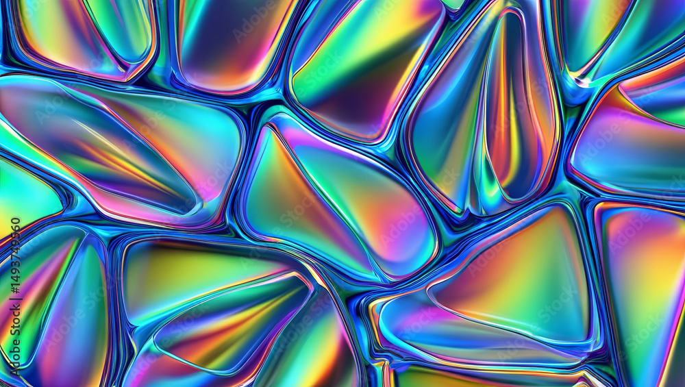 Poster glossy shapes form an abstract design displaying vibrant colors and reflections, creating a mesmeriz
