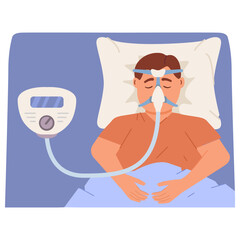 Continuous positive airway pressure.Obstructive sleep apnea.Man lying on bed.Cpap mask.Patient in hospital cpap therapy.mask fitted over a head. The guy with the oxygen mask fitted over a head.