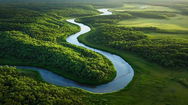 Lush river winding through verdant forest landscape.