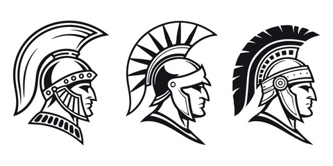 Three variations of ancient greek or roman warrior helmet designs in profile view