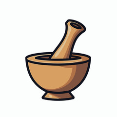 Cartoon Illustration of a Wooden Mortar and Pestle for Grinding Herbs and Spices