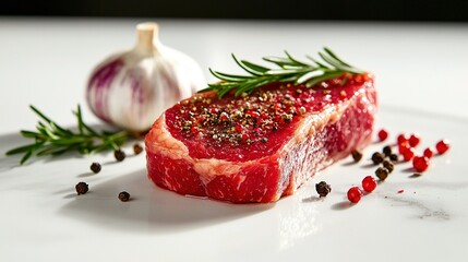   Meat atop white plate with garlic & peppercorn garnish