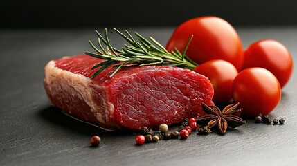 A slab of meat resting beside juicy tomatoes and fragrant pepper