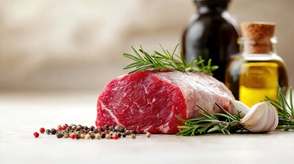   A slab of raw meat sits atop a table with adjacent spices and an olive oil bottle