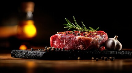   Raw meat atop cutting board with adjacent garlic & pepper sprig