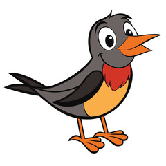 Joyful cartoon robin with orange beak and feet stands smiling on a white background
