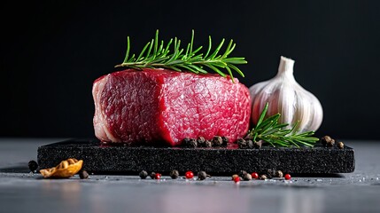   Raw meat resting on a cutting board alongside garlic and pepper sprigs
