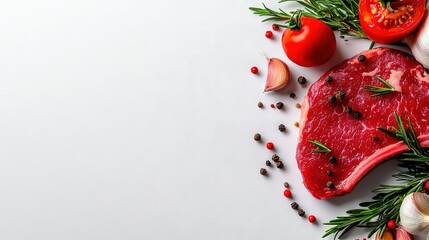   A juicy piece of raw meat encircled with aromatic spices, vibrant tomatoes, pungent garlic, and fiery pepper, set against a pristine white